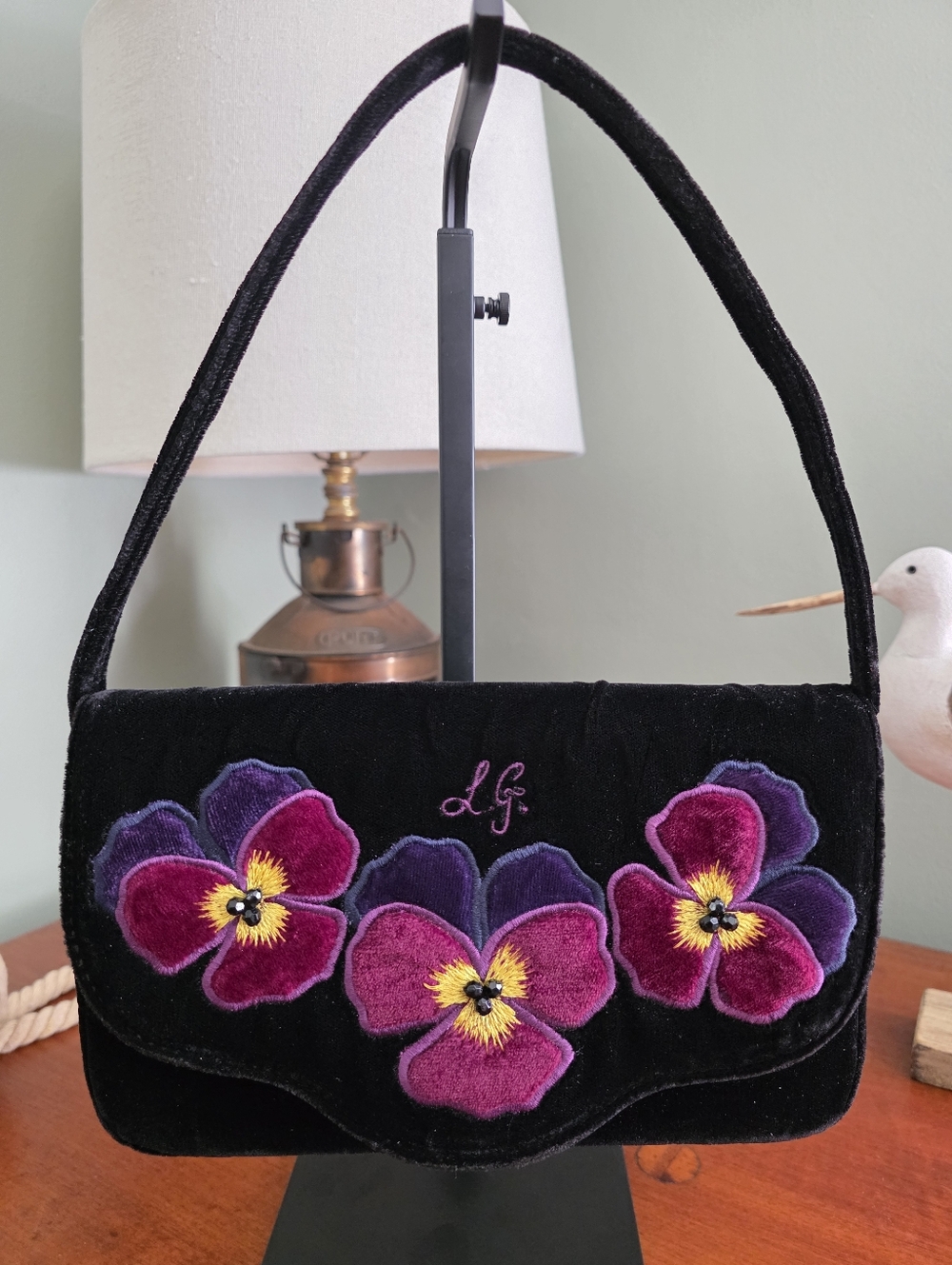 Lulu Guinness Floral Applique Shoulder Bag Black Velvet Purse Vintage